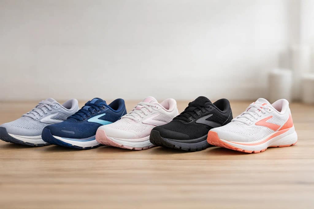 Five pairs of women’s Brooks running shoes in gray, navy, pink, black, and white lined up on a wooden floor, showing different Brooks models for daily running, stability, cushioning, and walking.