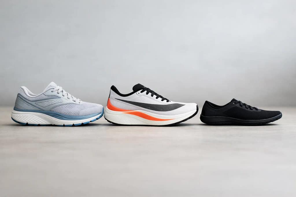 Comparison of a daily trainer, a carbon plate running shoe, and a minimalist shoe showing differences in cushioning and sole height.