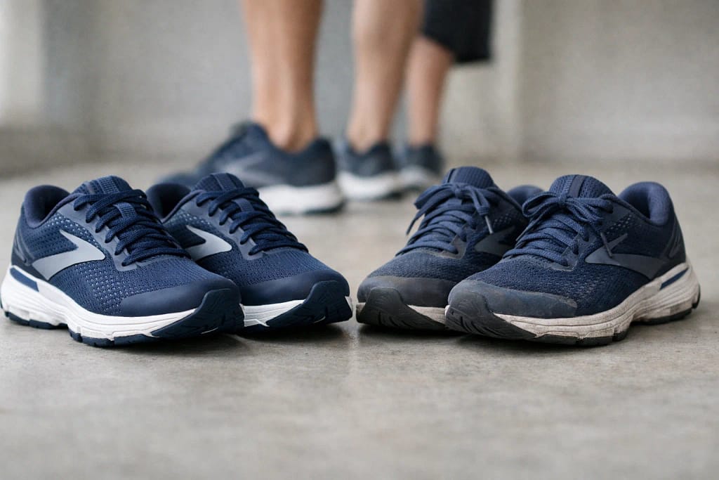 Side-by-side comparison of new and worn Brooks running shoes showing outsole wear and midsole breakdown, illustrating when to replace running shoes after high mileage.