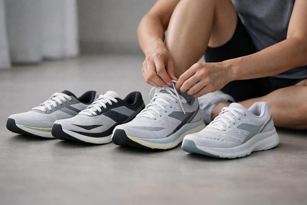Beginner runner tying laces while comparing carbon plate running shoes with different widths and sole designs, showing fit, stability, and beginner-friendly shoe selection indoors.