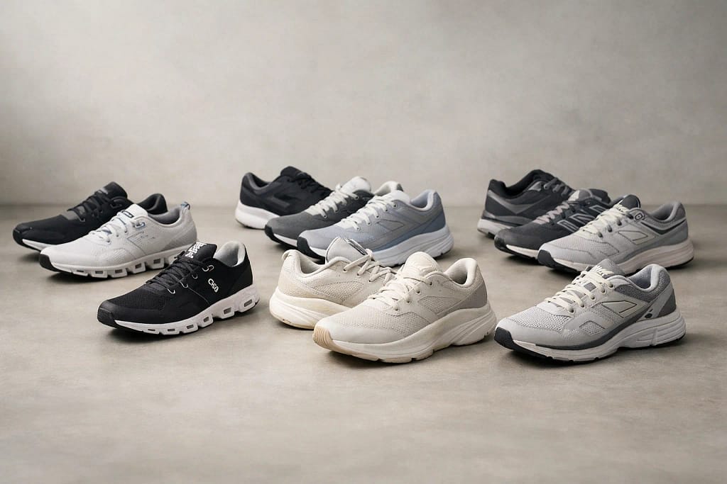 Different running shoe styles arranged on a studio floor to compare cushioning, stability, and everyday training designs.